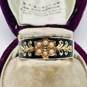 ⚜️Antique Victorian 15ct Gold Diamond & Seed Pearl Enameled Mourning Ring⚜️